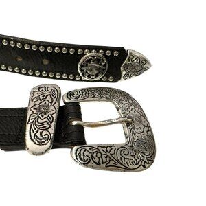 STREETS AHEAD Black Italian Leather Belt Oversized Floral Buckle Western Boho Sm